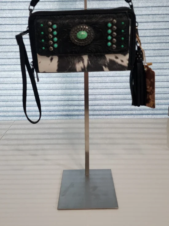 NWT Sam & Hadley Cowhide & Embossed Leather Crossbody w/ Turquoise Accents Black - Picture 4 of 12